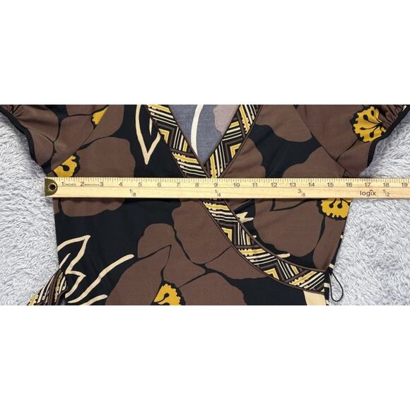 BCBG Y2K Vintage Womens Top Size Medium V Neck Brown Black Short Slv Faux Wrap - Picture 6 of 10